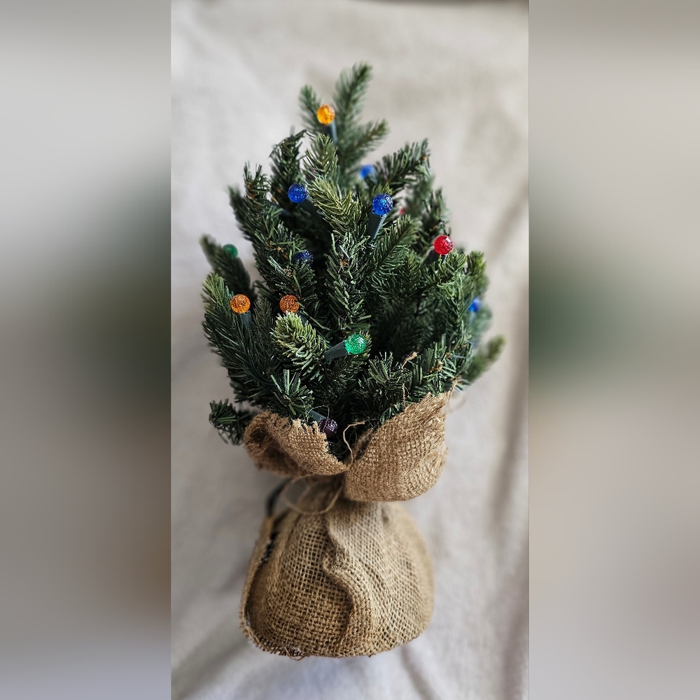 Festive Burlap-Wrapped Mini Christmas Tree with Multicolor Lights - Set of 2